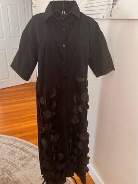 Black Button-Front Women's Dress with Textured Appliqué